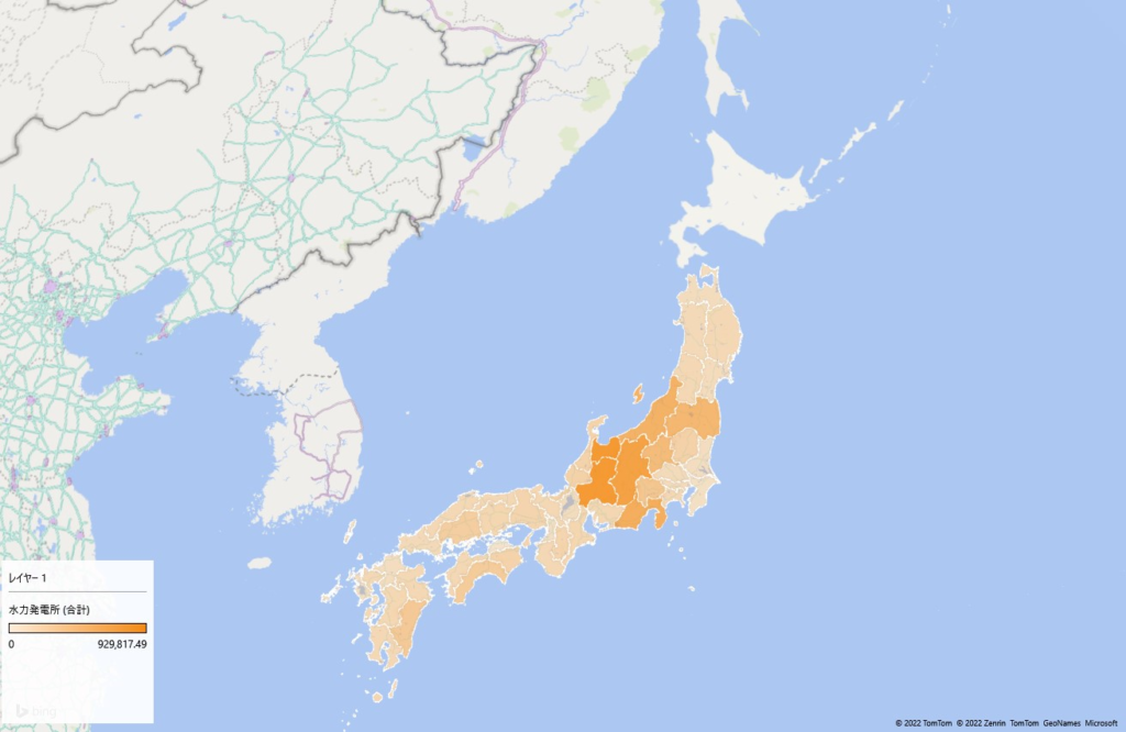 エクセル 3Dマップ 都道府県別 水力発電